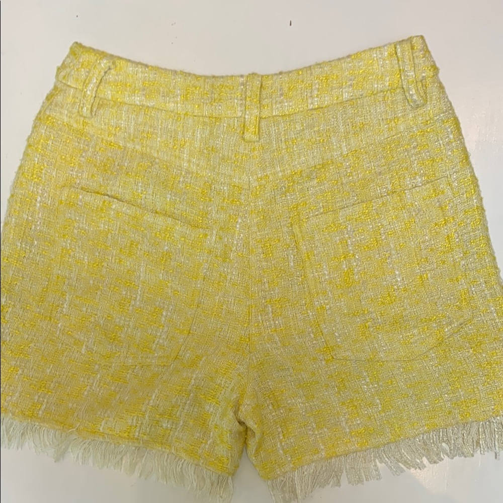STAUD “Sorno” Yellow and Cream High Waist Fringe Tweed Shorts - Picture 5 of 6
